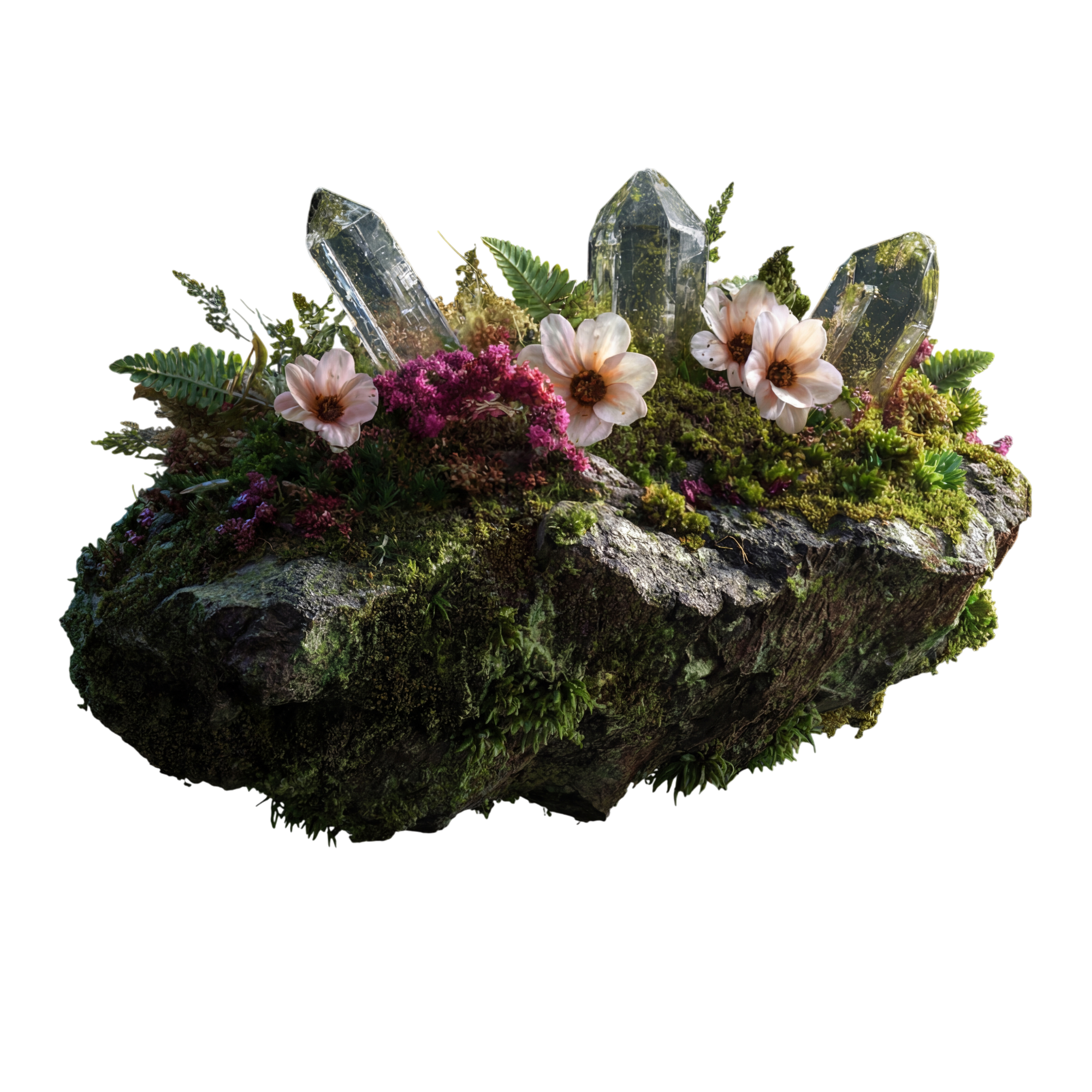 Floating Garden, three quartz crystals over moss bed with anemone-style blooms