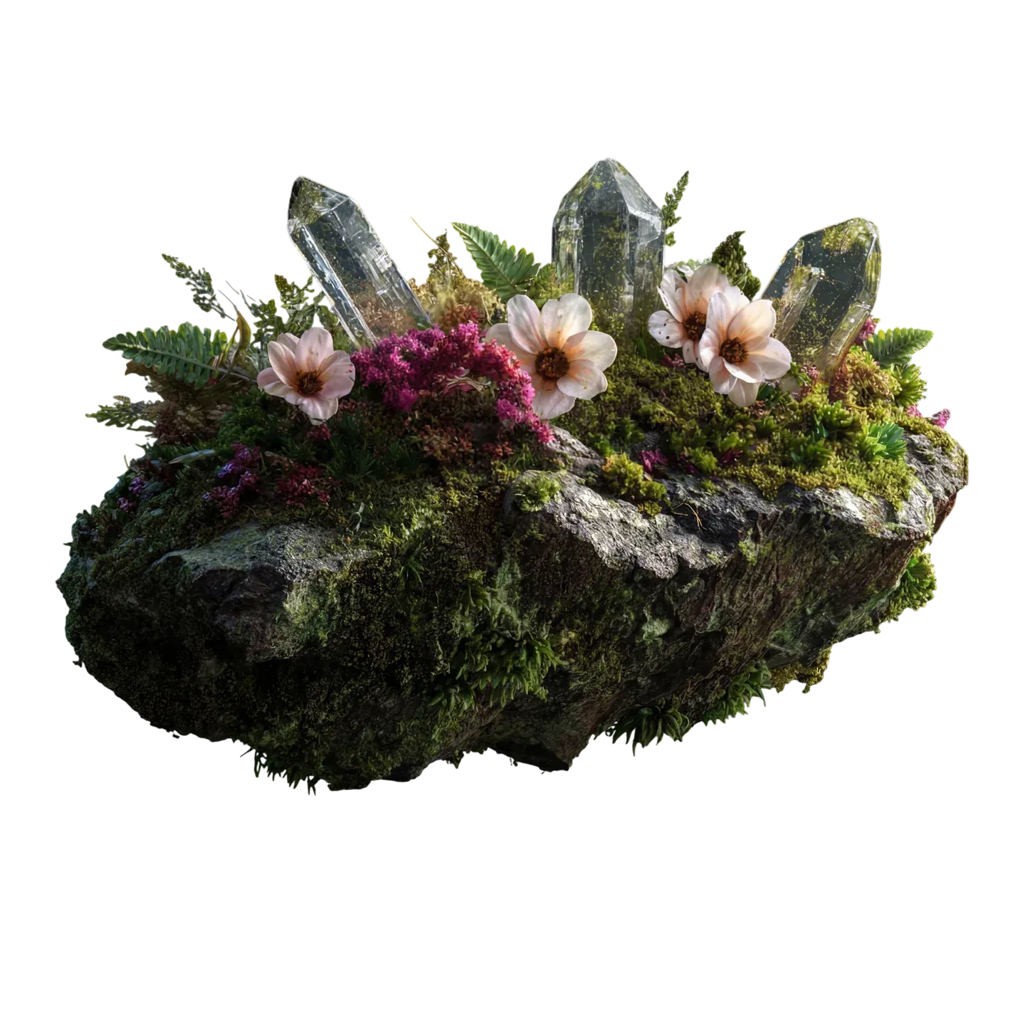 Floating Garden, three quartz crystals over moss bed with anemone-style blooms