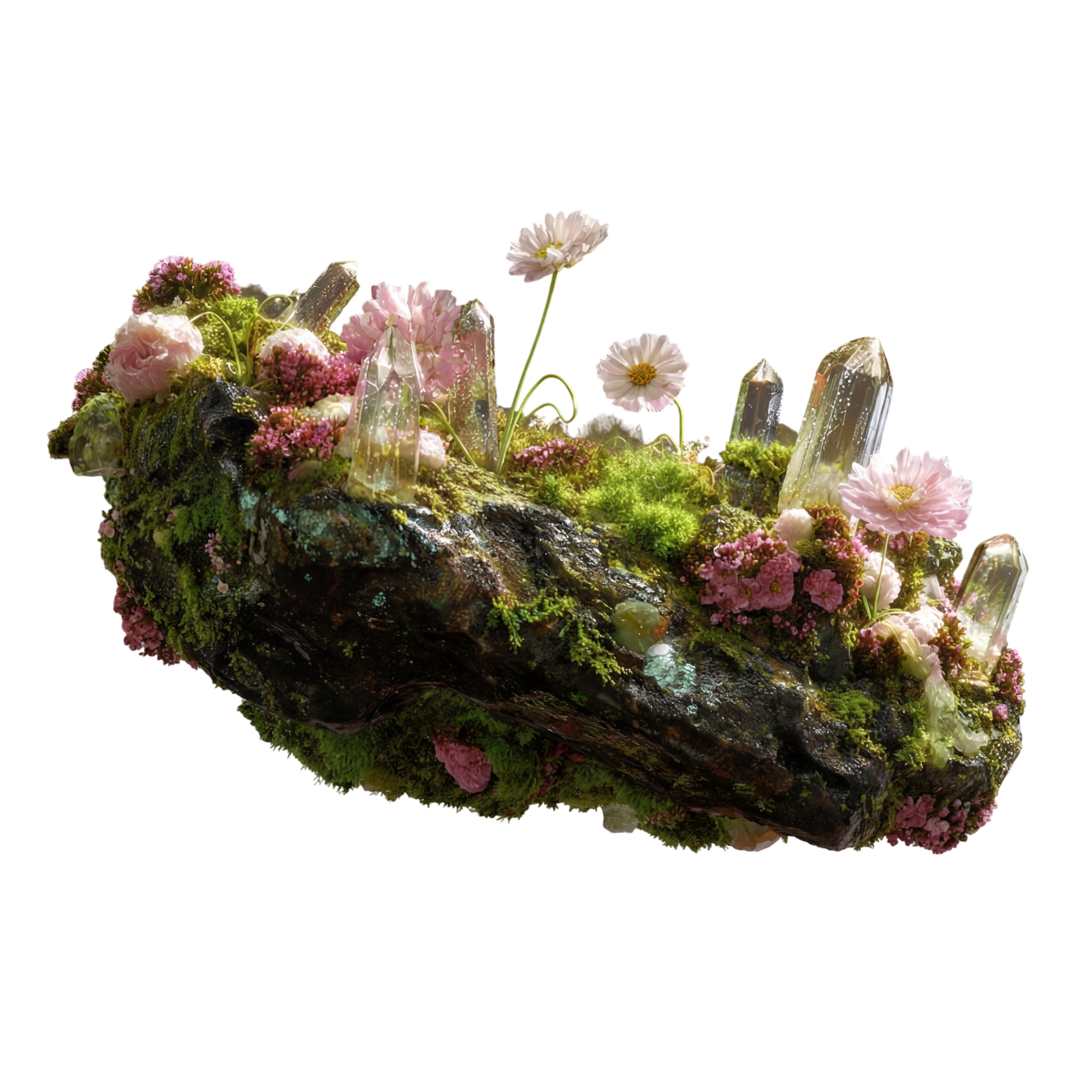 Floating Garden, wide moss-and-rock bed with pink blossoms