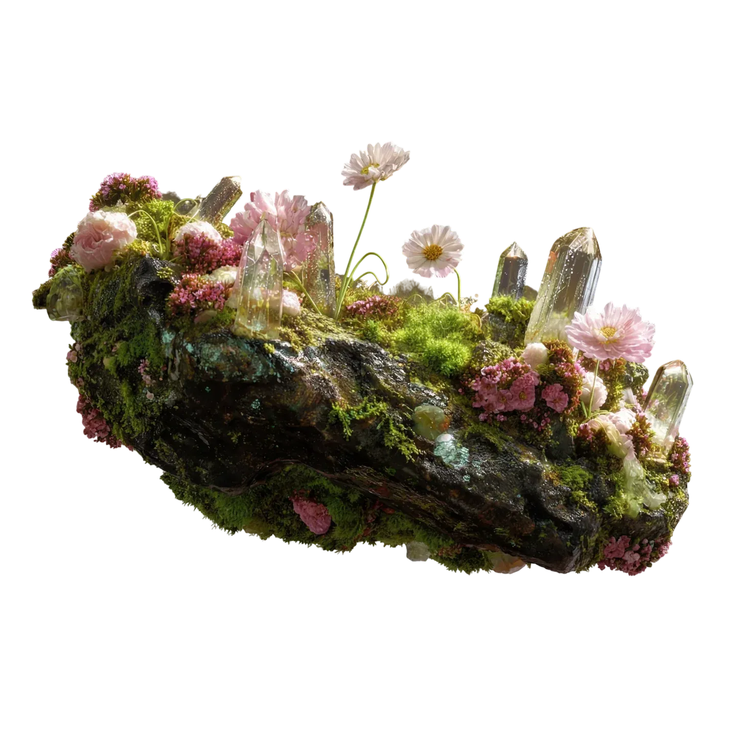 Floating Garden, wide moss-and-rock bed with pink blossoms