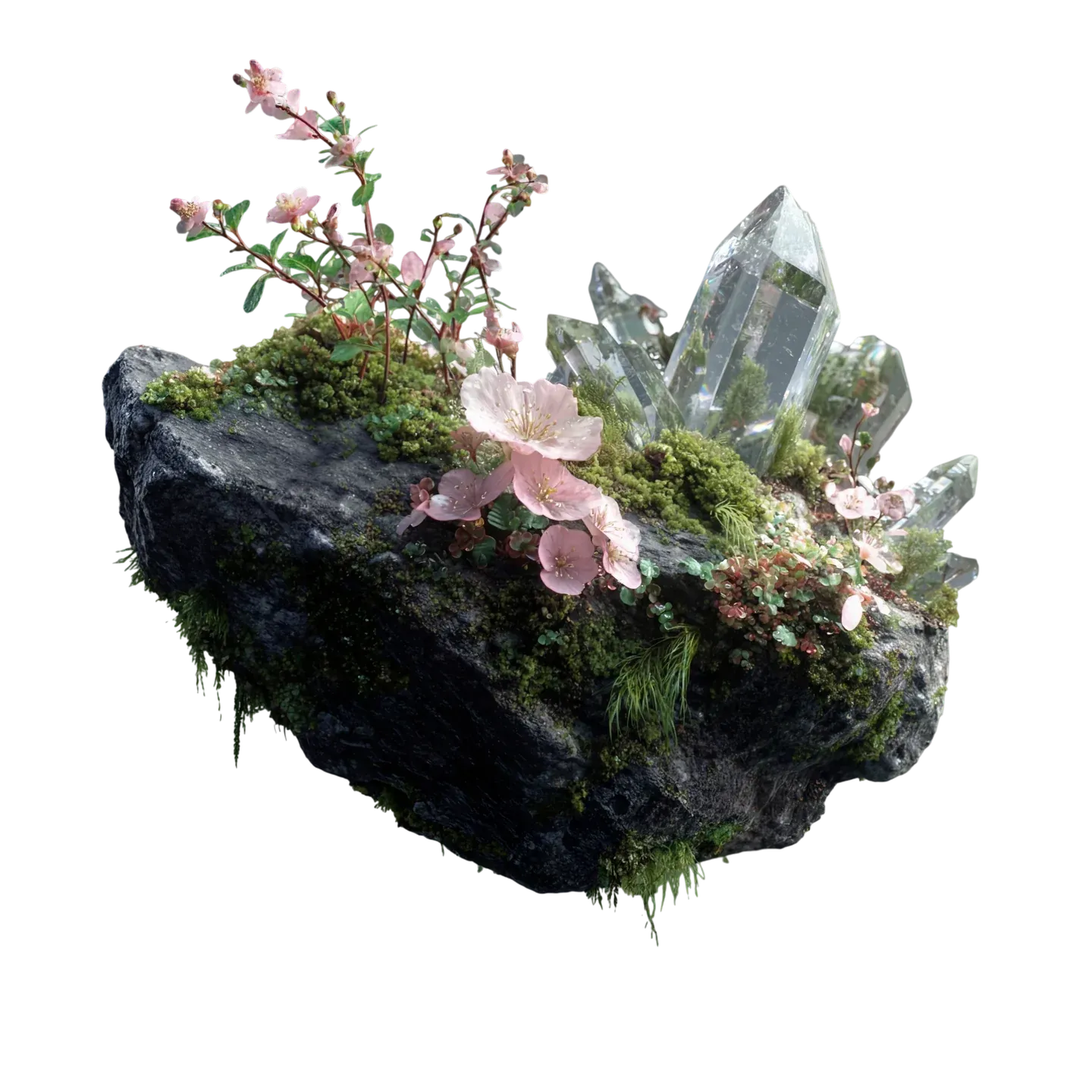 Floating Garden, angular rock with crystals and ferns