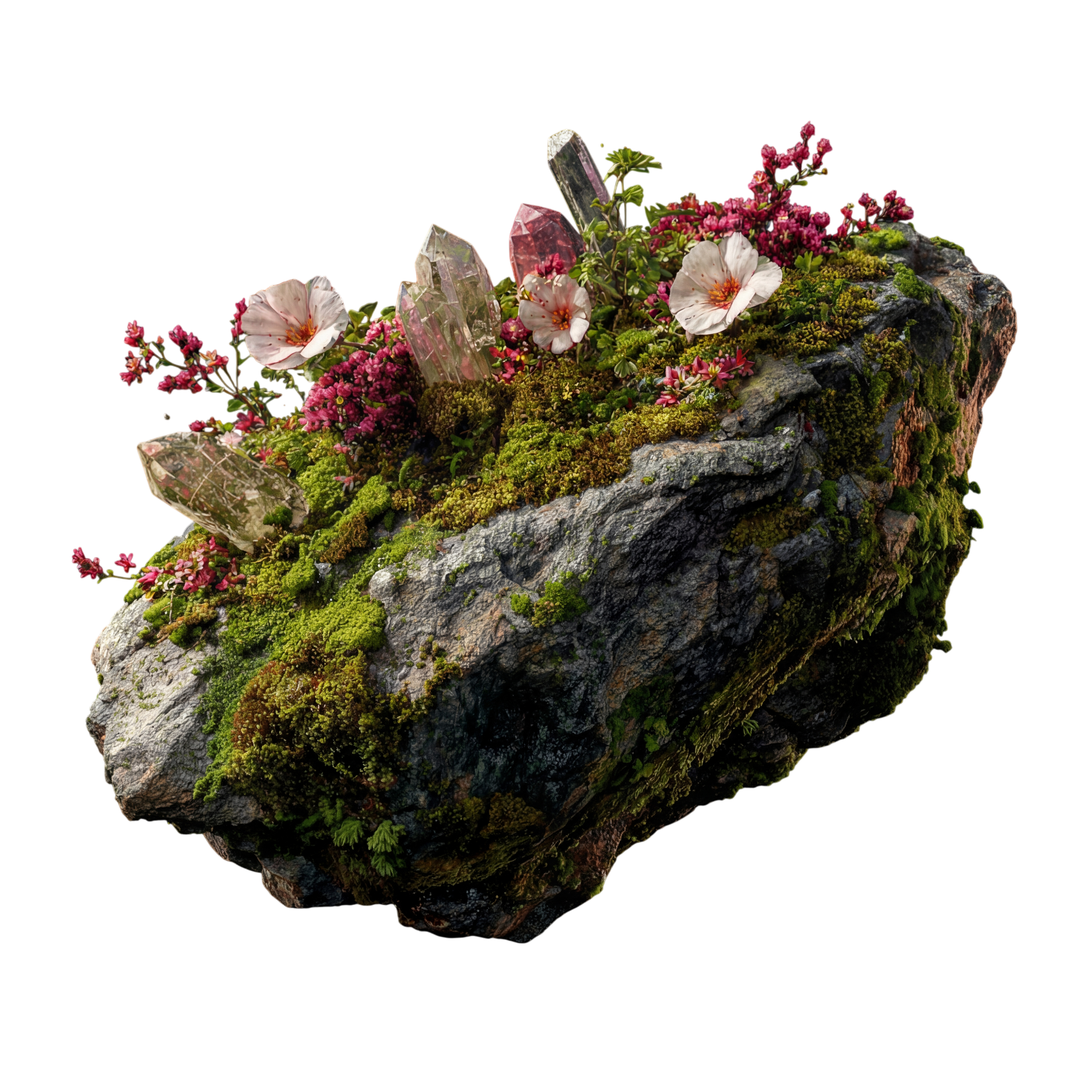 Floating Garden, mossy rock outcrop with quartz spire and pink blooms