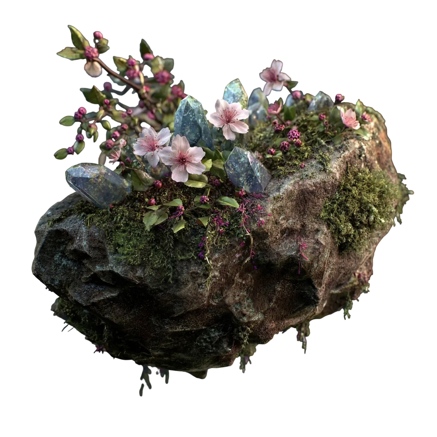 Floating Garden, dense moss with mixed wildflowers and crystals